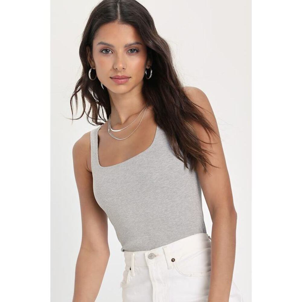 Lulus Sensational Standards Heather Grey Ribbed Square Neck Bodysuit - Size XL